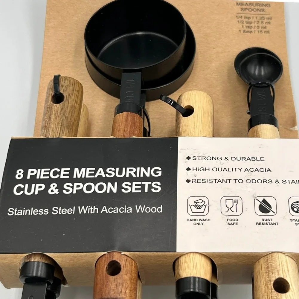 CWC Acacia Wood Measuring Cups Spoons Set 8pc Black SMS812 New